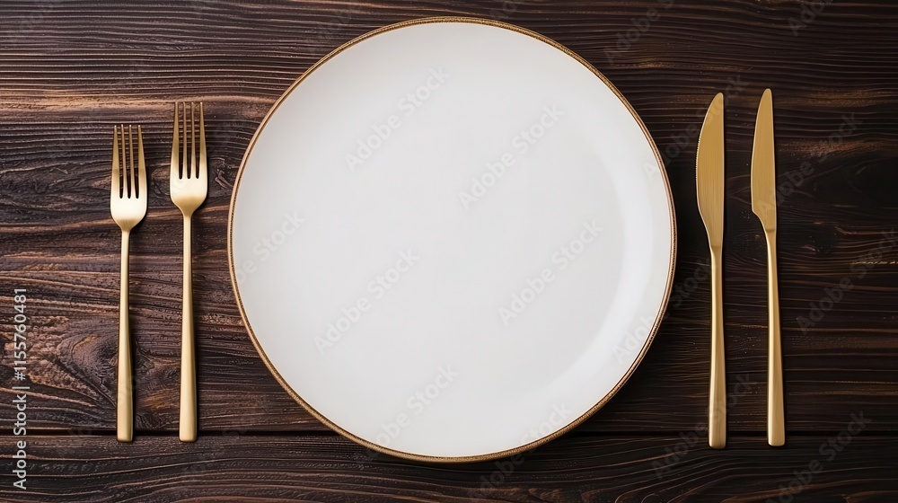 Matte plates in neutral tones paired with gold cutlery, set on a dark wooden table with modern, minimalist decor Matte plates in neutral tones paired with gold cutlery, set on a dark wooden table with modern, minimalist decor