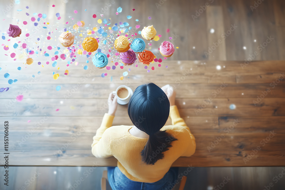 Obraz premium A woman sitting at a cozy café table, holding a cup of coffee, as an assortment of cakes and cupcakes floats whimsically above her head in a circular motion, creating a magical and charming scene.