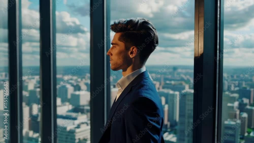 Man in Suit Contemplating Cityscape Shot in Modern Office Footage Man in Suit Contemplating Cityscape Shot in Modern Office Footage