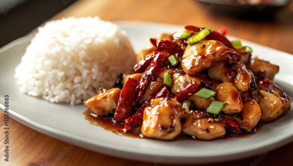 Steaming Chinese kung pao chicken with rice and veggies in spicy sauce. Steaming Chinese kung pao chicken with rice and veggies in spicy sauce.