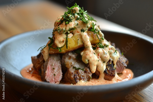 Viande et pommes de terres en sauce dans un bol photo