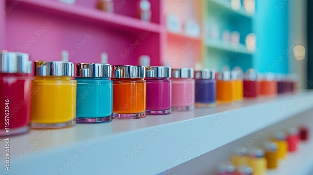 Colorful jars of nail polish arranged on a shelf for display and selection. Colorful jars of nail polish arranged on a shelf for display and selection.