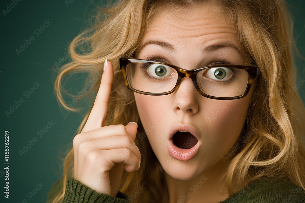 Jeune femme à lunettes l'air surprise pointant un doigt vers le haut, fond vert Jeune femme à lunettes l'air surprise pointant un doigt vers le haut, fond vert