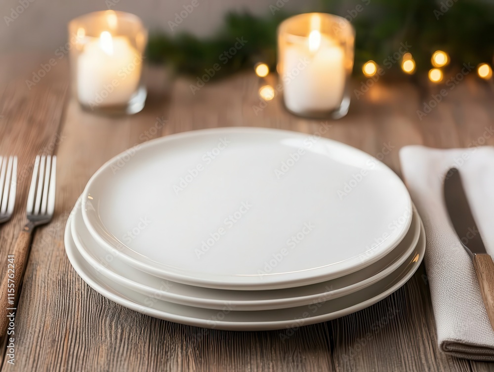 Matte plates stacked neatly on a dining table, surrounded by modern cutlery and soft ambient lighting for a refined look Matte plates stacked neatly on a dining table, surrounded by modern cutlery and soft ambient lighting for a refined look