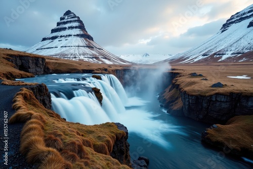 Misty rain, ?xar?rfoss cascading, snow-dusted peaks of ?ingvellir National Park , Oxararfoss, national park photo