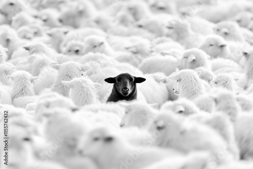 Mouton noir au milieu d'un troupeau de moutons blancs