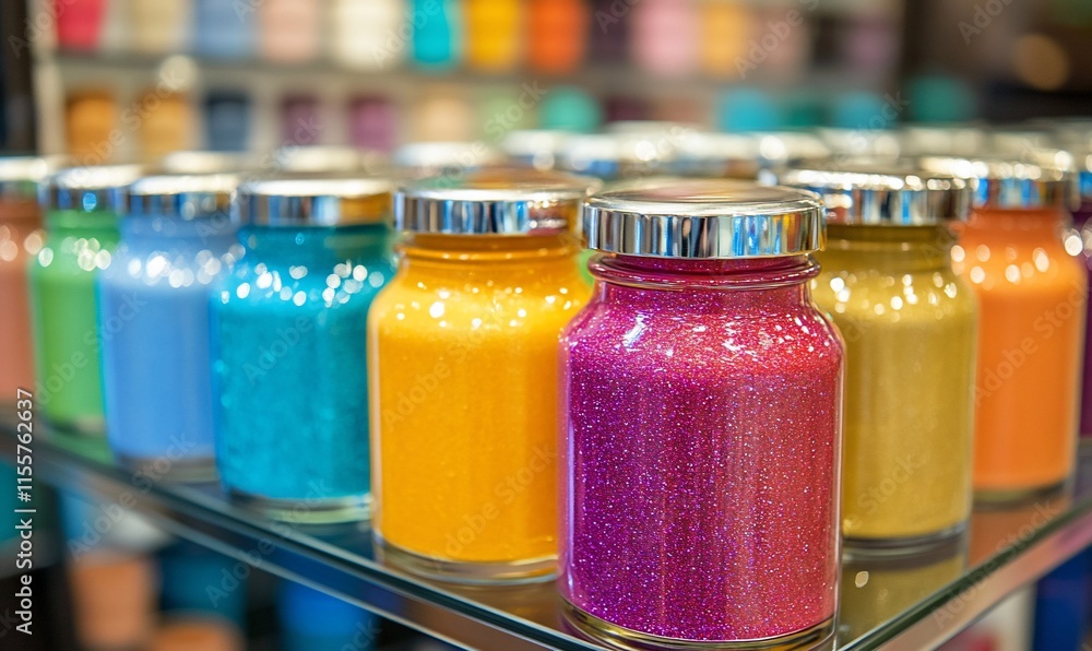 Colorful jars of glitter arranged on a shelf for crafting and decoration. Colorful jars of glitter arranged on a shelf for crafting and decoration.