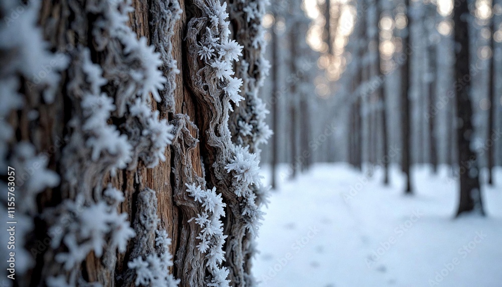 Fototapeta premium Frosty Tree Trunk in Winter Forest