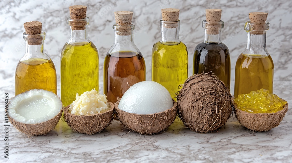 combination of natural vegetable fats and oils displayed on a marble countertop. The scene is minimalist, with a focus on the texture and purity of the oils and fats as they are used in different combination of natural vegetable fats and oils displayed on a marble countertop. The scene is minimalist, with a focus on the texture and purity of the oils and fats as they are used in different