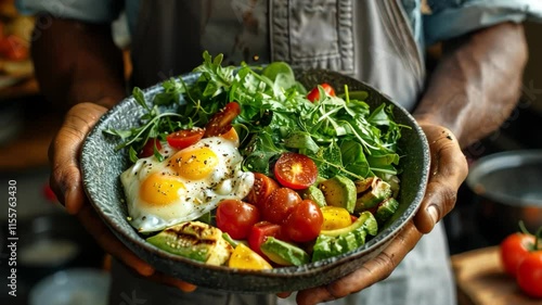 A person is holding a bowl of food that contains eggs, tomatoes, and greens. The bowl is placed on a table, and the person is wearing an apron. Concept of healthy eating