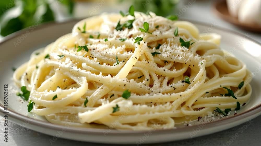 A plate of pasta with cheese and parsley on top. The pasta is long and white. The plate is on a table A plate of pasta with cheese and parsley on top. The pasta is long and white. The plate is on a table