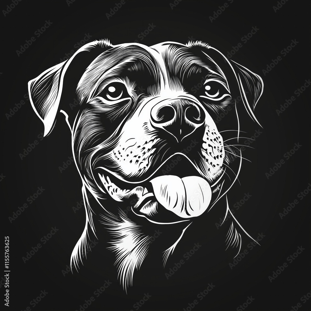 Monochrome pitbull portrait with detailed line art on black background Monochrome pitbull portrait with detailed line art on black background