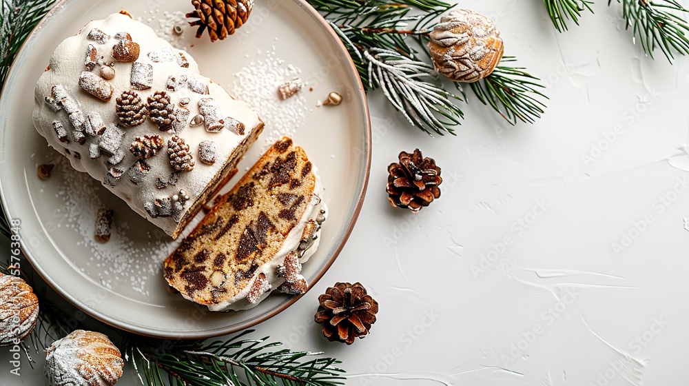 German sweet treat Stollen in a plate top perspective with a large writing area and pine leaves and cones against a white backdrop a high and close view, Generative AI. German sweet treat Stollen in a plate top perspective with a large writing area and pine leaves and cones against a white backdrop a high and close view, Generative AI.
