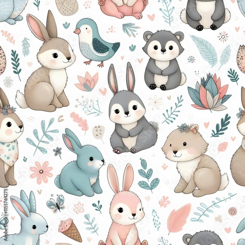 Children's wallpaper. Seamless pattern with rabbits, rodents and birds.
