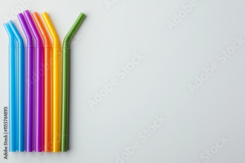 Colorful drinking straws arranged in a row on a light background, showcasing vibrant hues and various bends for easy sipping. photo