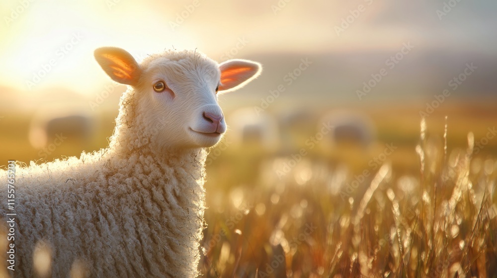 Fototapeta premium Soft Morning Light on a Sheep in a Tranquil Farm Scene
