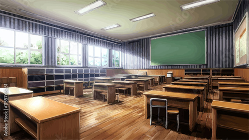 Empty classroom with wooden desks and chalkboard awaiting students