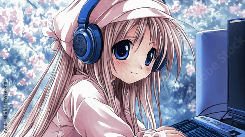Anime girl with headphones and bonnet working on a computer with a floral background