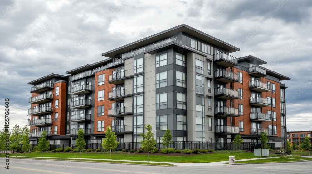 Modern Apartment Building Exterior Under Cloudy Sky Modern Apartment Building Exterior Under Cloudy Sky