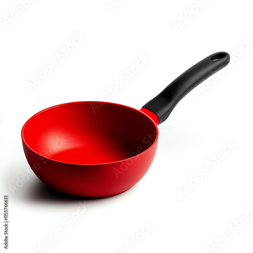 Bright red kitchen bowl with a black handle, perfect for cooking and serving. photo