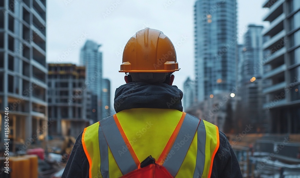 Construction worker observing a city skyline with ongoing development. Construction worker observing a city skyline with ongoing development.