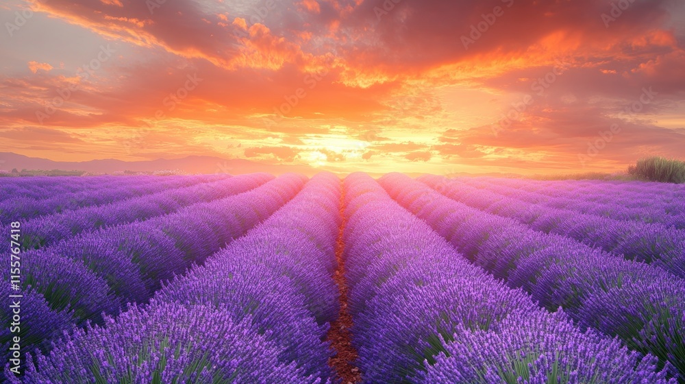 Fototapeta premium Lavender Field at Sunset with Dramatic Sky
