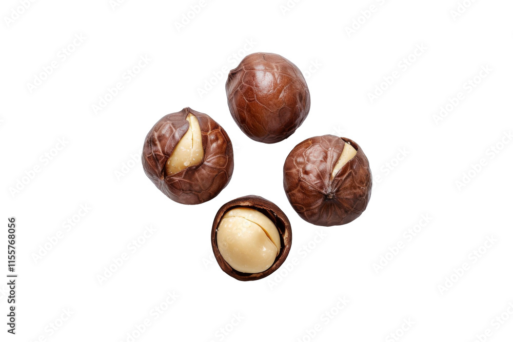 Obraz premium Top view of four macadamia nuts with shells and cracked isolated on transparent background.