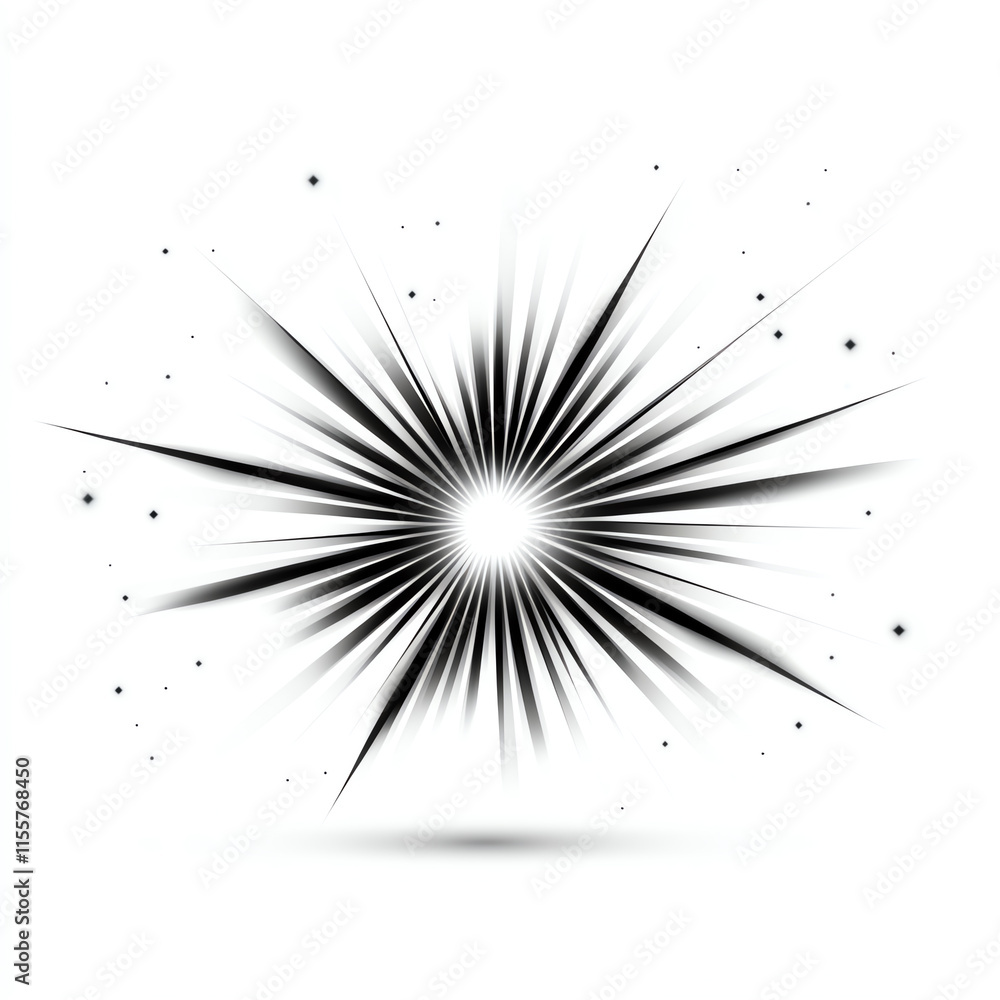 Dynamic black and white starburst graphic with rays extending outward against a white isolated background. Dynamic black and white starburst graphic with rays extending outward against a white isolated background.