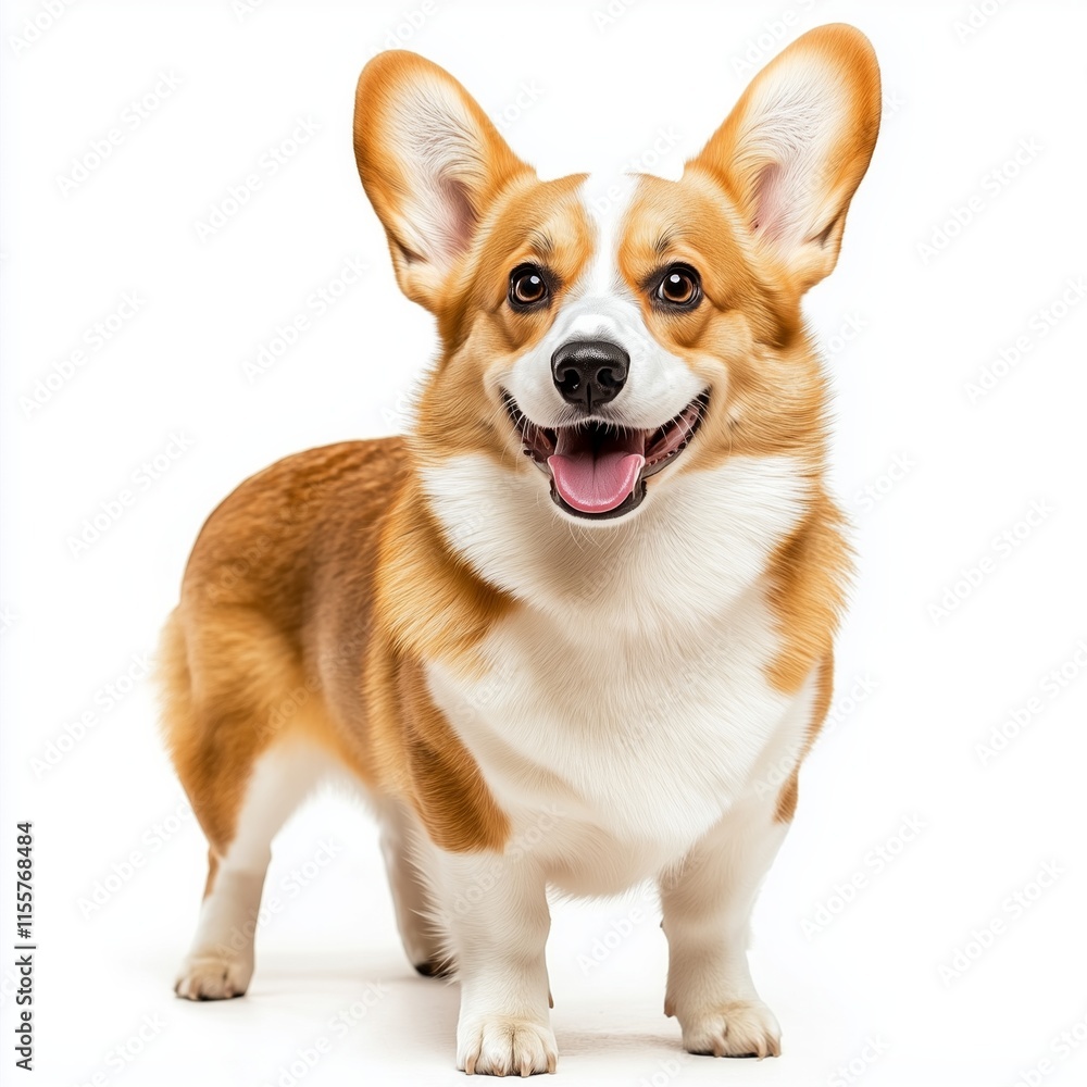 Welsh corgi with floppy ears and a joyful expression on white background Welsh corgi with floppy ears and a joyful expression on white background
