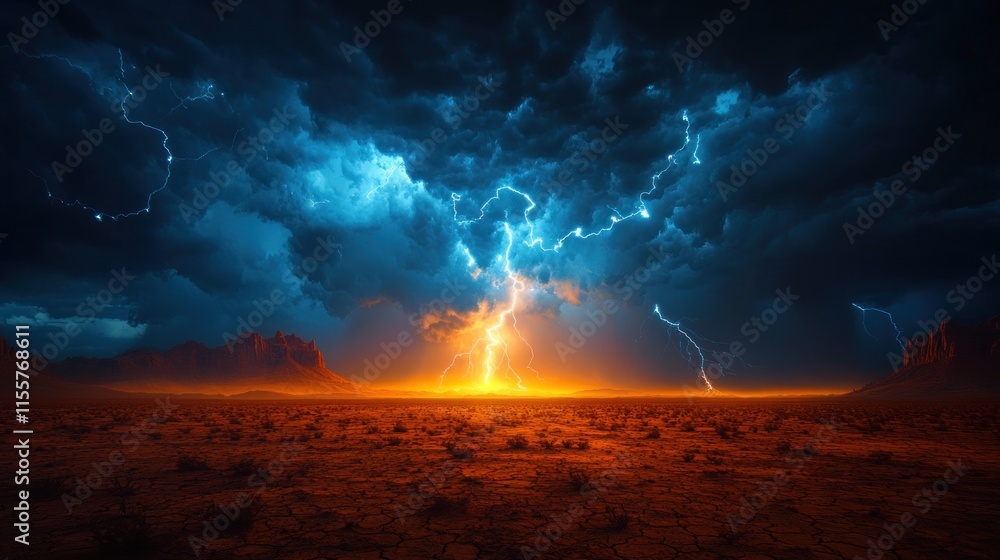 Obraz premium Dramatic thunderstorm with lightning over cracked desert