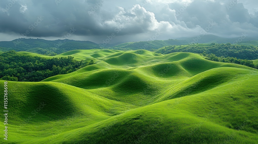 Green rolling hills under a dramatic cloudy sky Green rolling hills under a dramatic cloudy sky