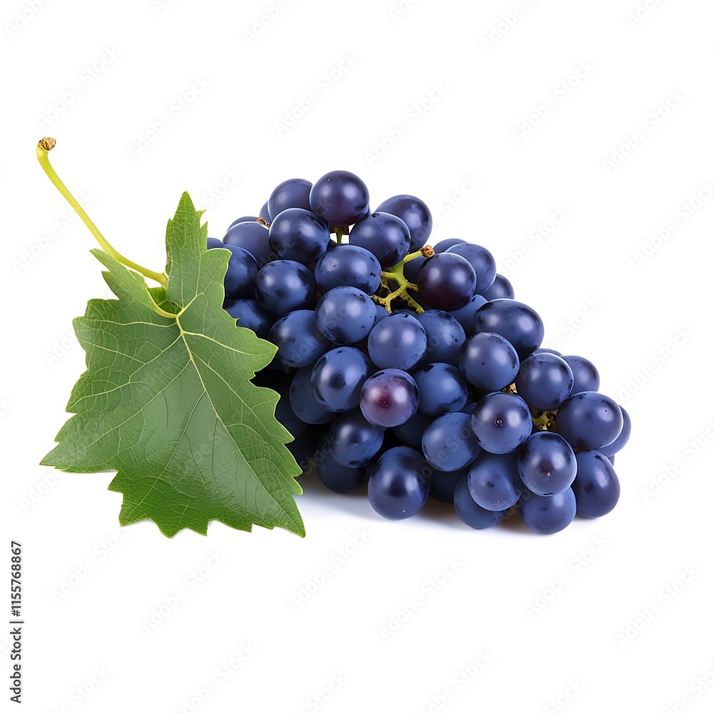 Fototapeta premium A group of black grapes with green leaves on a white background