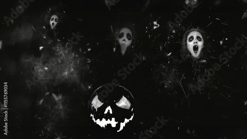 Haunting faces and eerie skull on a dark background. Generative AI art photo