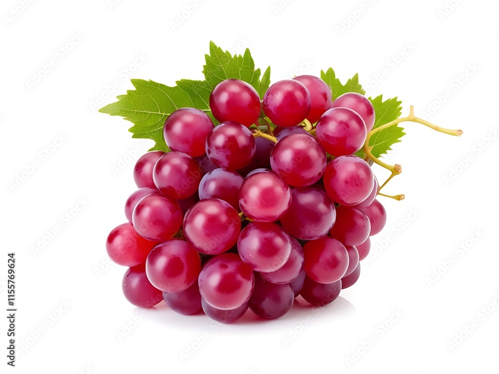 Fototapeta premium A group of red grapes with green leaves on a white background