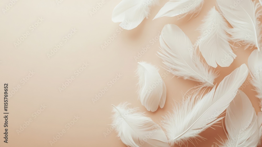 Aerial view of soft white feathers scattered across a neutral background Aerial view of soft white feathers scattered across a neutral background