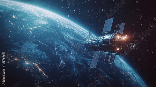 Fototapeta Naklejka Na Ścianę i Meble -  Satellite with solar panels floating in space above blue round planet earth globe. world orbit atmosphere, internet connection and communication technology, network, universe, science, exploration.