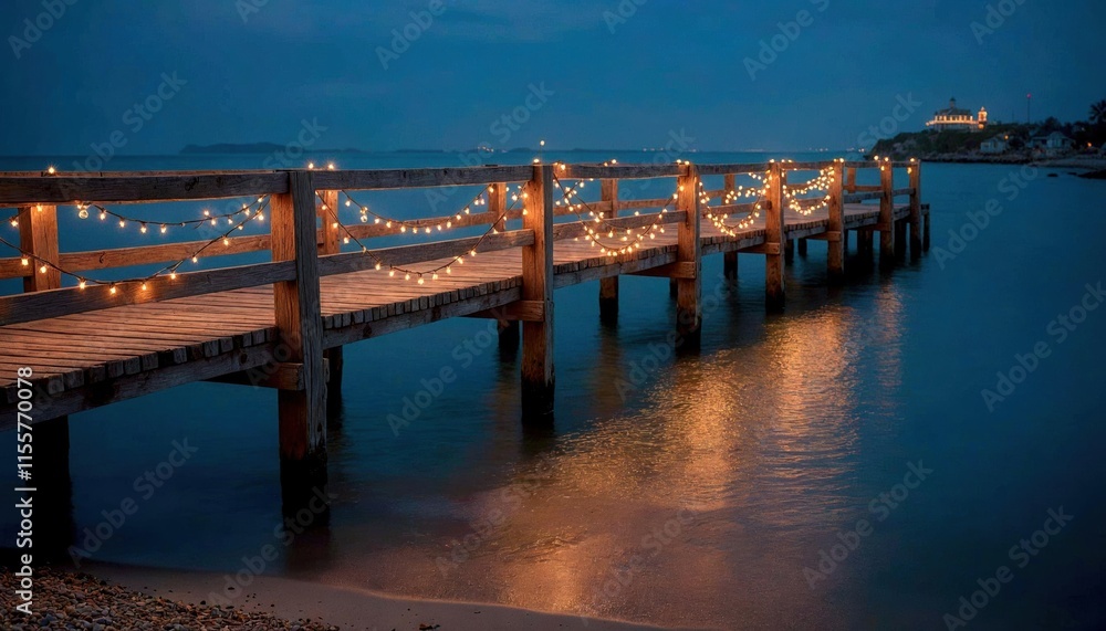 Fototapeta premium Christmas Pier with String Lights on Coast