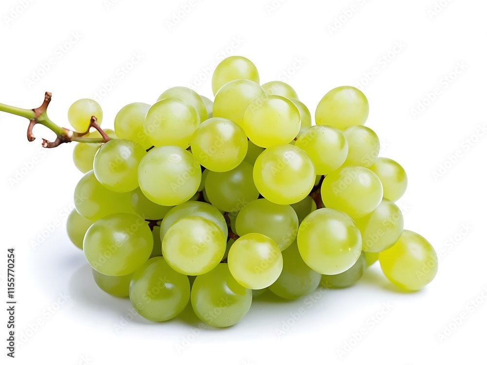 A cluster of green grapes with green leaves on a white background A cluster of green grapes with green leaves on a white background