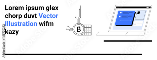 Laptop displaying website with blue content screens, blockchain symbol, and sample text ideal for tech blogs, cryptocurrency, business websites, startups, educational content, online marketing