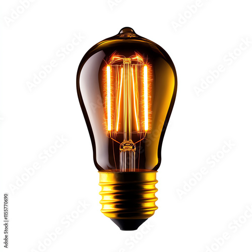 Vintage style light bulb with glowing filament on a white isolated background. photo