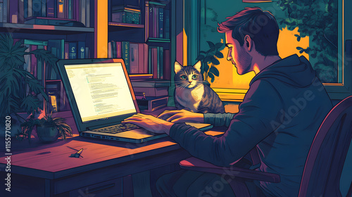 A man working on his laptop at a home office desk, with his loyal cat comfortably perched on the table watching him type, creating a cozy and productive setting 