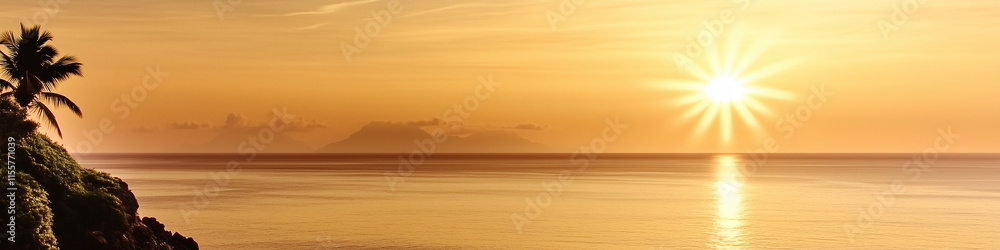 Fototapeta premium Stunning sunrise over a serene landscape with soft hues of orange and pink, capturing the peaceful beauty of a new day in a panoramic view.