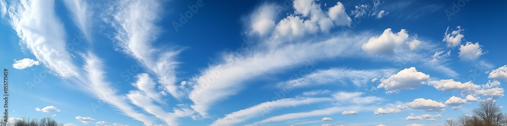 Obraz premium Wide panoramic view of blue sky with scattered white clouds in a clear, bright atmosphere, perfect for outdoor and travel-related themes.