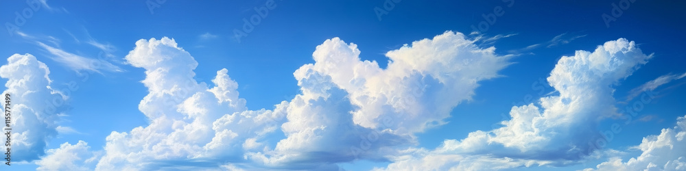 Wide panoramic view of blue sky with scattered white clouds in a clear, bright atmosphere, perfect for outdoor and travel-related themes. Wide panoramic view of blue sky with scattered white clouds in a clear, bright atmosphere, perfect for outdoor and travel-related themes.