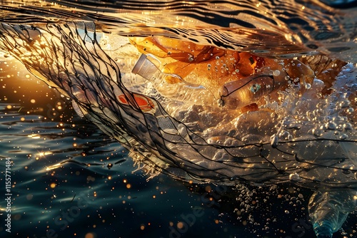 Capturing marine life through a fishing net during sunset in tranquil waters photo