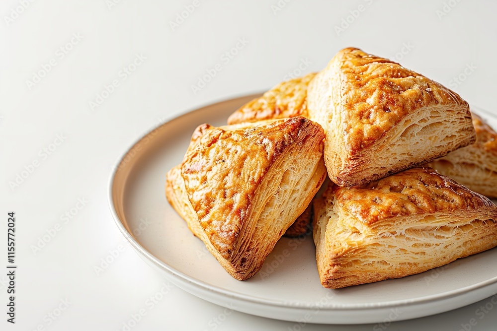 A close-up and an aerial perspective of warm cinnamon orange scones at a platter against a stark white background with a large content area, Generative AI. A close-up and an aerial perspective of warm cinnamon orange scones at a platter against a stark white background with a large content area, Generative AI.