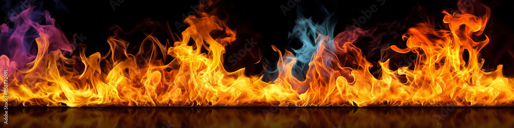 Fototapeta premium A dramatic row of vivid orange flames glowing against a deep black background, creating a striking and intense visual contrast.