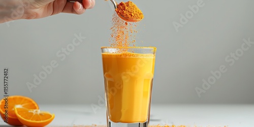 A close-up of a hand holding a spoon and adding orange juice to a glass filled with orange powders on a white backdrop with a large writing area, Generative AI.