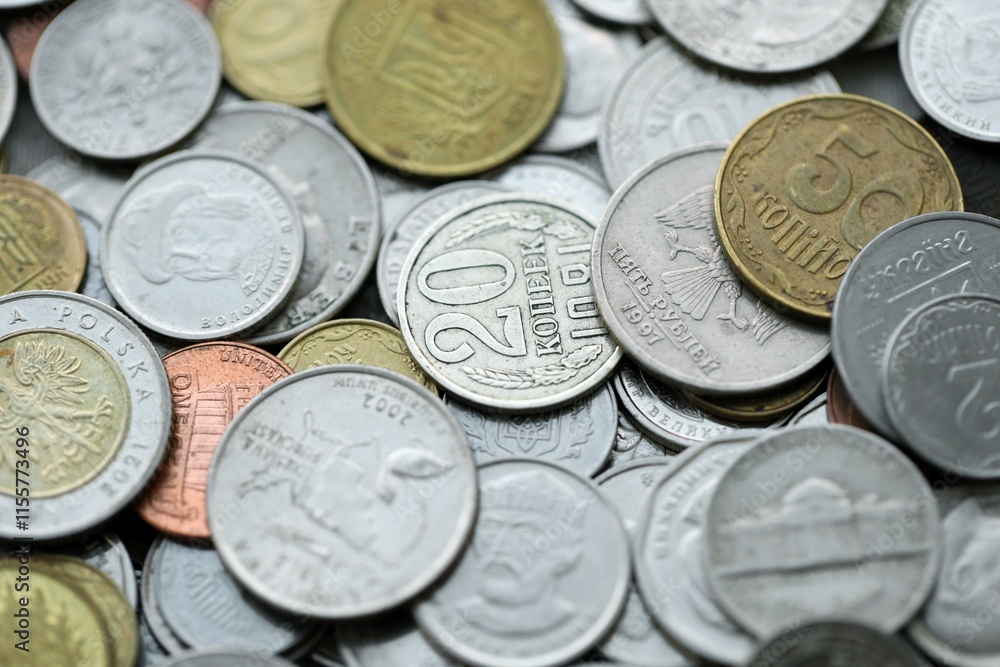 Big pile of different coins from various currencies and different countries around the world. Currency exchange Big pile of different coins from various currencies and different countries around the world. Currency exchange