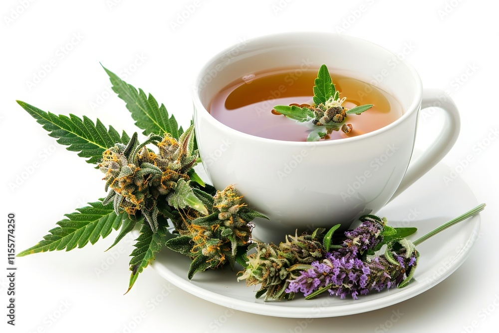 A macro and close-up of cannabis tea in a cup with buds and leaves on a stark white backdrop with ample copy space for back-of-reference use, Generative AI. A macro and close-up of cannabis tea in a cup with buds and leaves on a stark white backdrop with ample copy space for back-of-reference use, Generative AI.